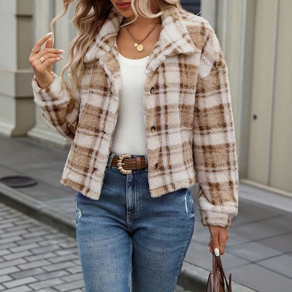 

Women's Double-Sided Plush Button Cardigan Casual Plaid Coat European And United States Popular Style