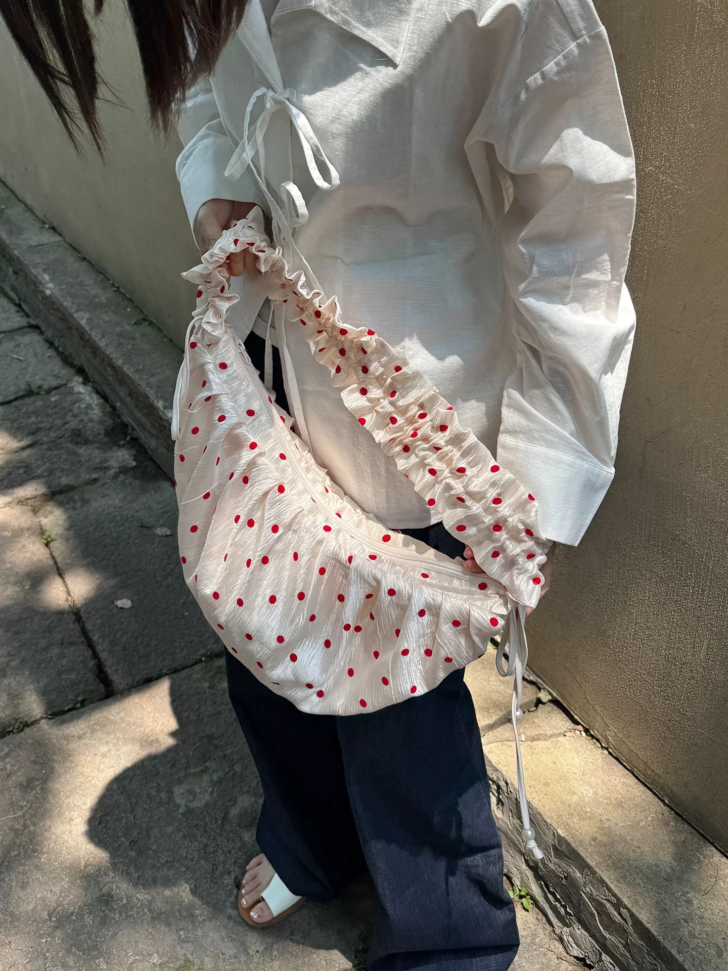 

Drawstring Zipper Crossbody Canvas Bags Pleated Lace Polka Dot Hobos Bag