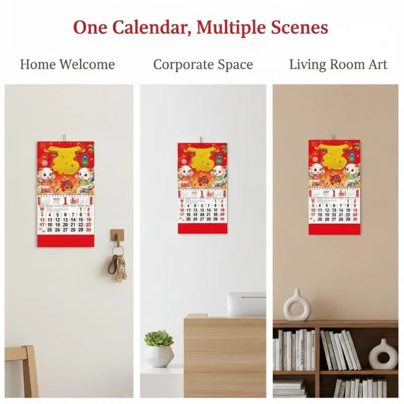 1Pcs 2027 Sheep Year Zodiac Wall Calendar Red Gold Foil Traditional Monthly Planner for Home School Office Decoration