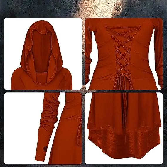 أزياء عصر النهضة النسائية، أزياء الهالوين للنساء في العصور الوسطى، زي بقلنسوة عتيق، فستان بلوفر عالي ومنخفض