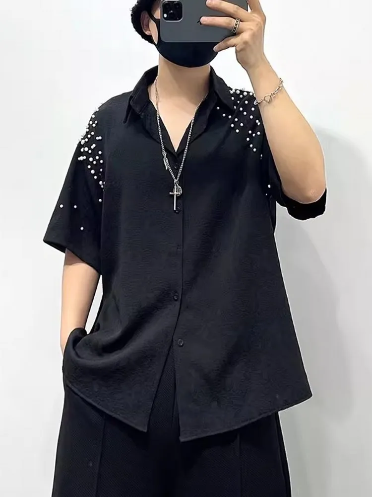Mens Summer Irregular Pearls Spliced Black Casual Shirt Single Breasted Floral Loose Fit Tops Harajuku Party Oversized Shirts
