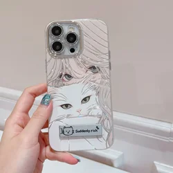 Anime Girl Cute Cat Phone Case for iPhone 16 15 14 Plus 13 12 11 Pro Max X Xs XR 8 7 Feather Texture Hard Cover with Holder