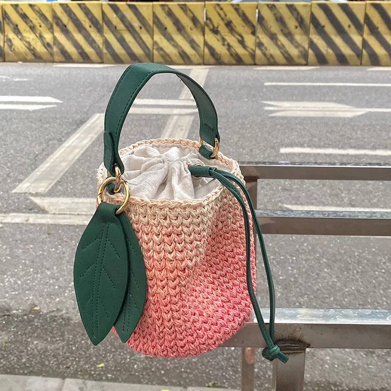 Cute Bucket Bag Portable Shoulder Hand-Woven Gradual Change Peach Straw Leaf Vacation Casual Messenger Bag