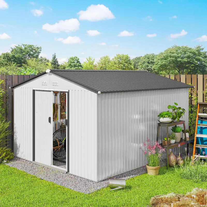 

Outsunny 11' x 9' Metal Storage Shed Garden Tool House with Double Sliding Doors, 4 Air Vents for Backyard, Patio, Silver