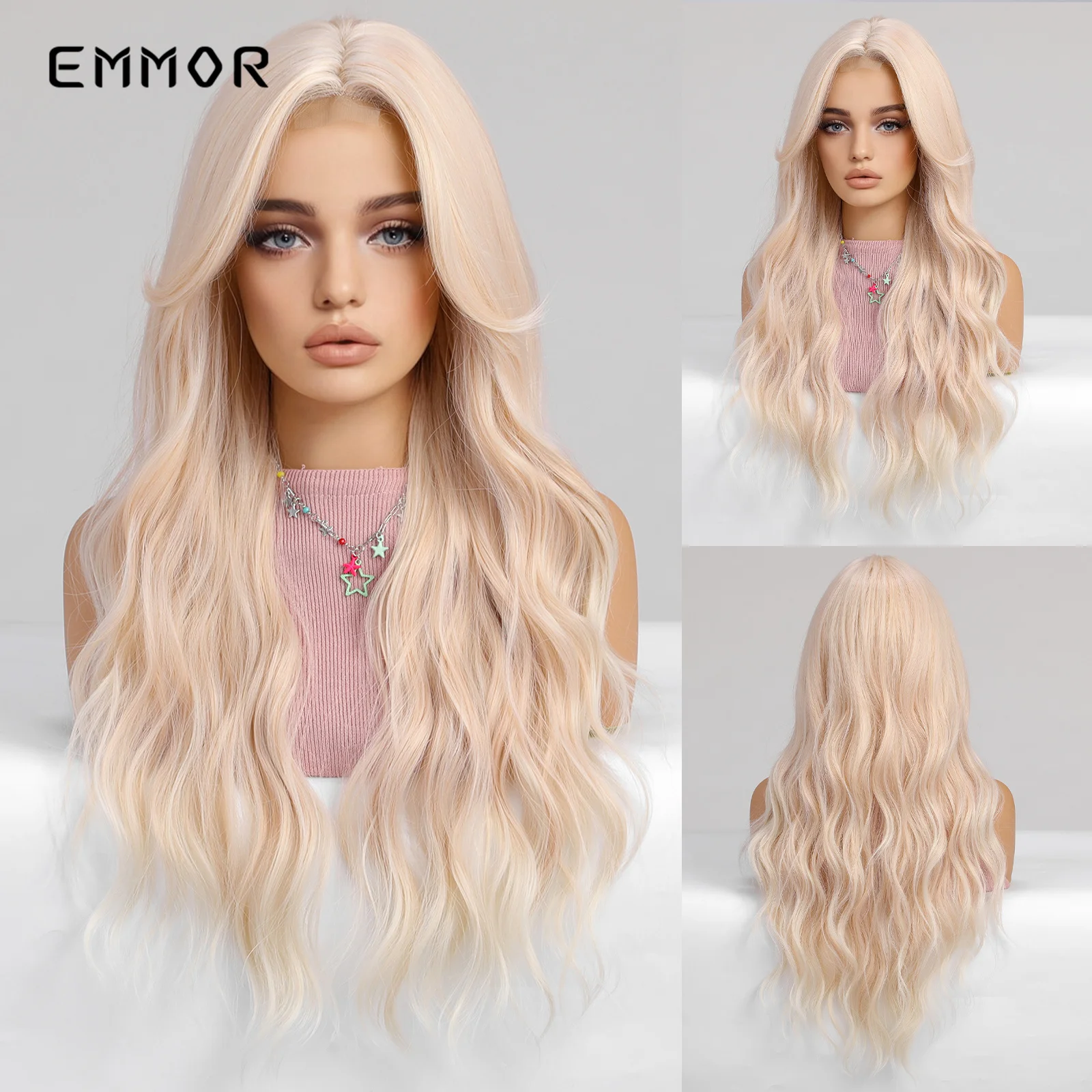 

Emmor Synthetic Blonde Long Wavy Wigs with Bangs for Women Cosplay Natural Light Hair Wig High Temperature Fiber