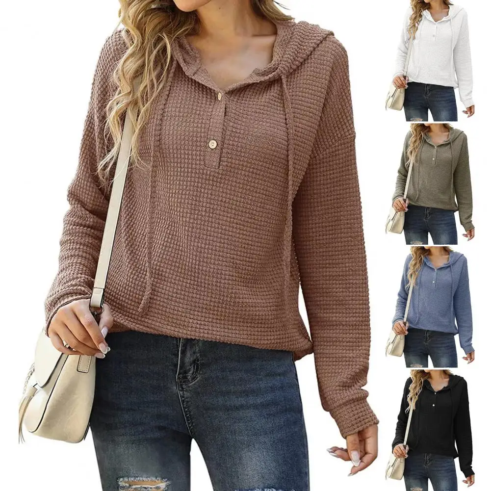 

Women Pullover Sweater Loose Drawstring Long Sleeves Buttons Half Placket Knitted Top Solid Color Hooded Sweater Jumper