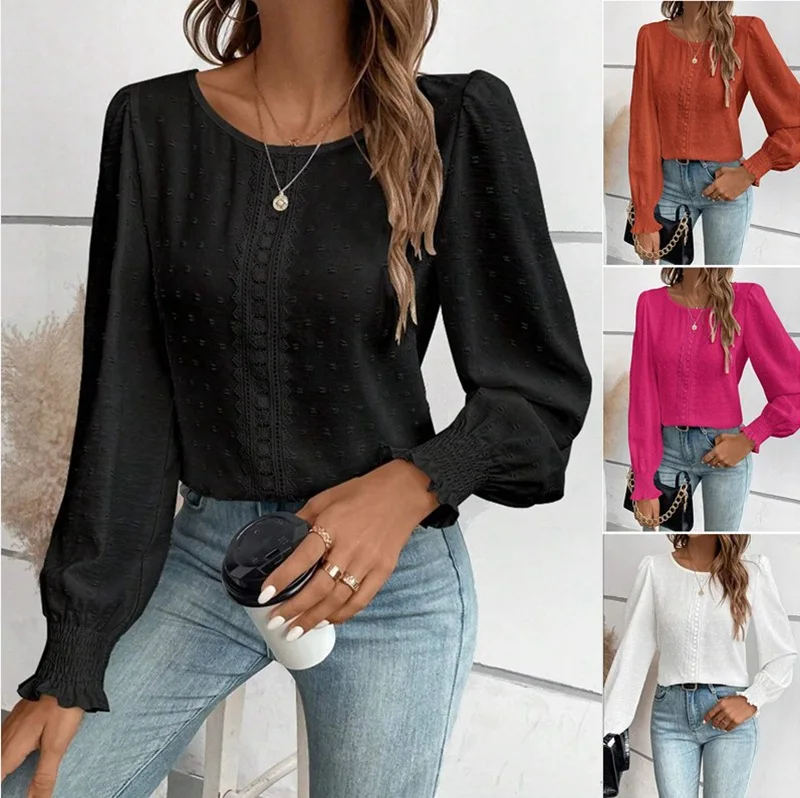 

Women's small shirt for spring and summer 2025 European and American round neck lace casual solid color chiffon shirt
