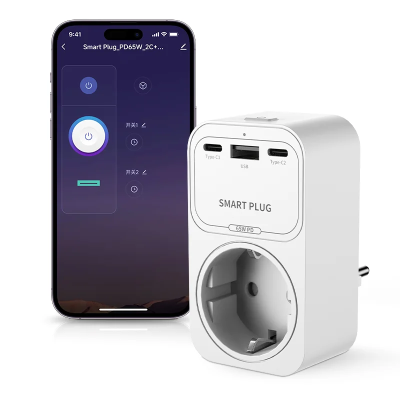 PD65W Tuya WiFi Smart Socket EU /UK Plug USB Dual Switch / Outlets Support Energy Consumption Monitor Google Alexa Voice Control