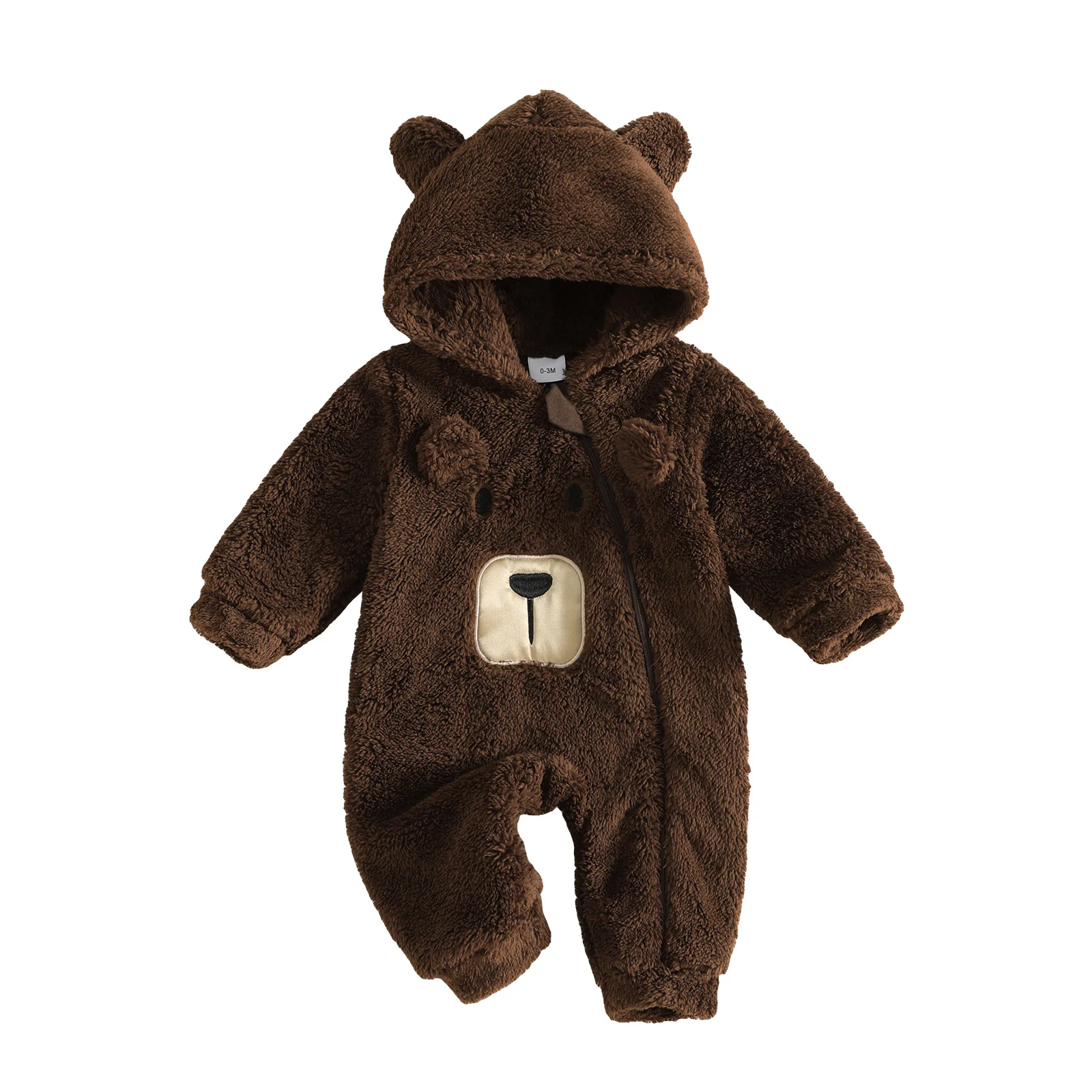 Winter Toddler Baby Brown Plush Hooded Long-Sleeve Warm Jumpsuit Bear Costume Infant Infant Front Zipper Hood Snowsuit Rompers