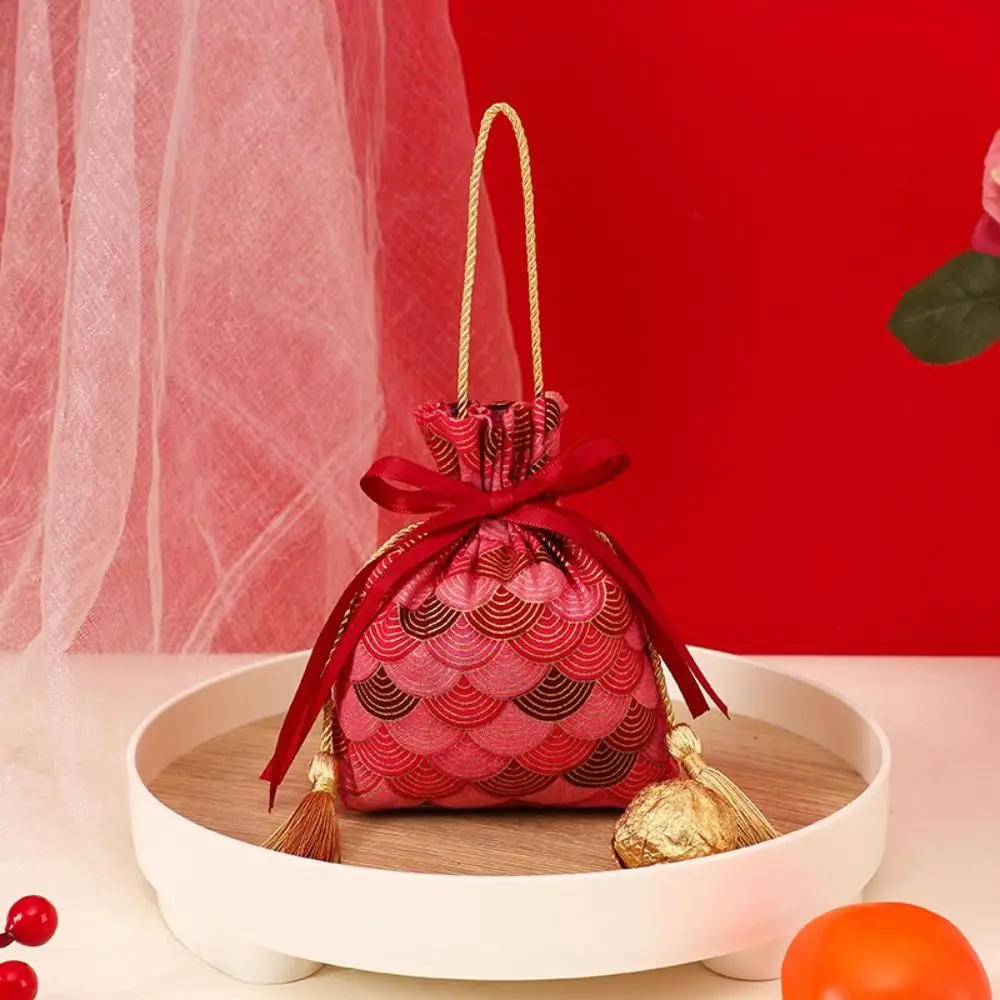 Sakura-Bolso de lona Floral con cordón, bolsa de satén a rayas, lazo, borla, cubo, dulces de boda