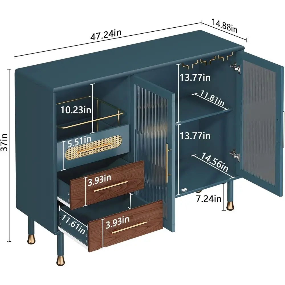 خزانة بار القهوة الحديثة الزرقاء مع رفوف النبيذ والأدراج والتخزين القابل للسحب للمطبخ وتناول الطعام وغرفة المعيشة #2
