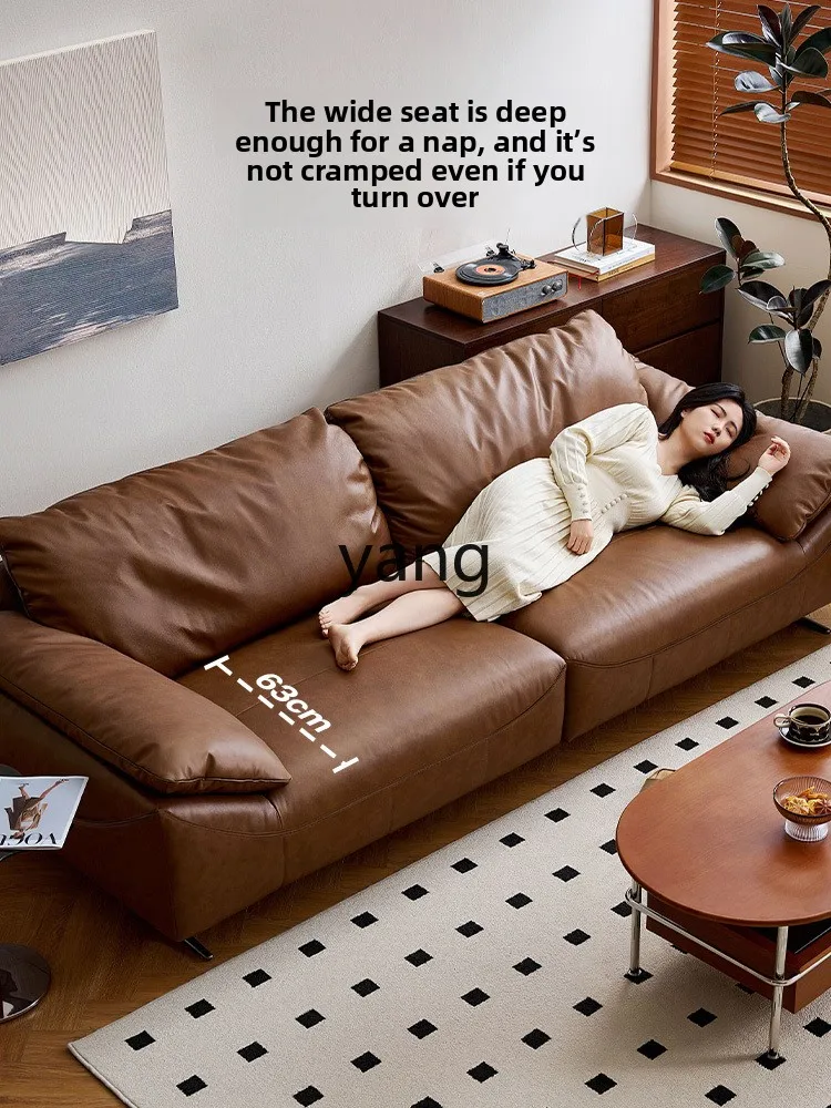 LMM  retro style living room leather sofa straight row three people first layer cowhide