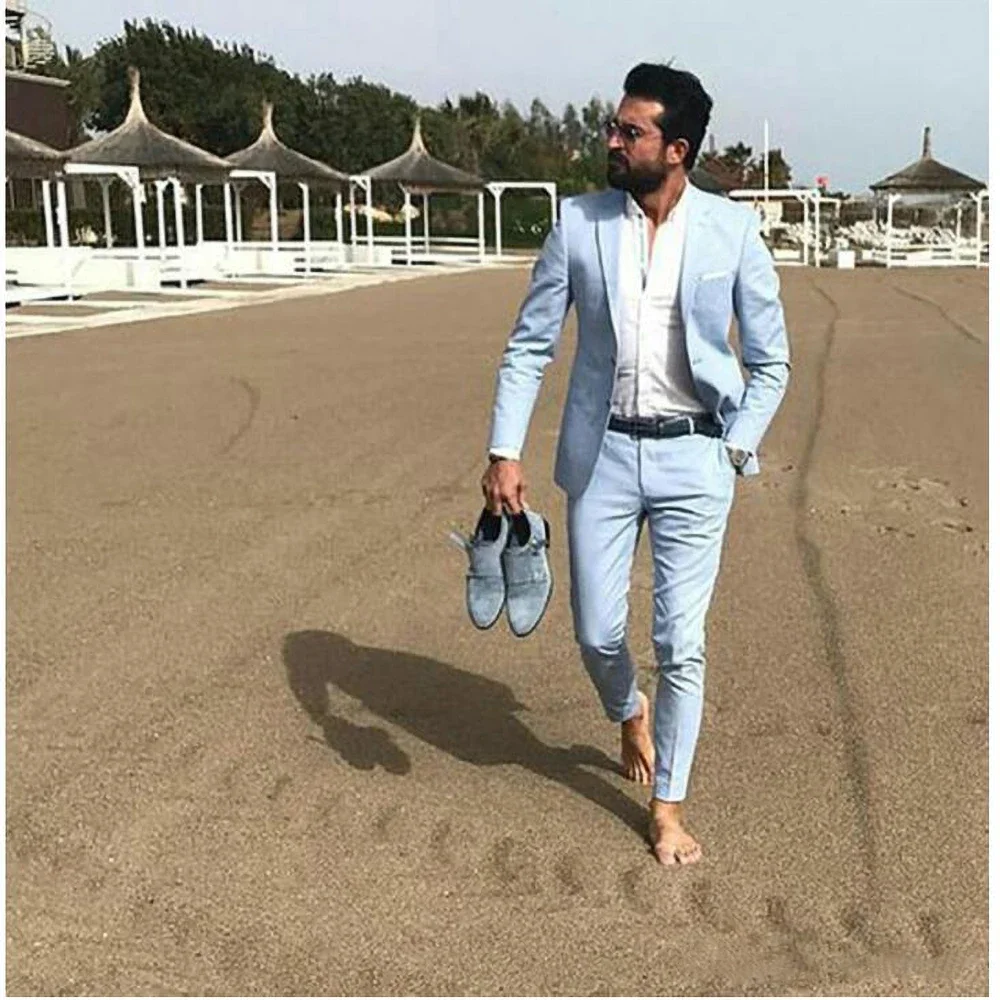 

Summer Notch Lapel Solid Men Suits Sky Blue Fashion Casual Beach Outfits Elegant Groom Best Man Wedding Tuxedo Formal 2 Piece