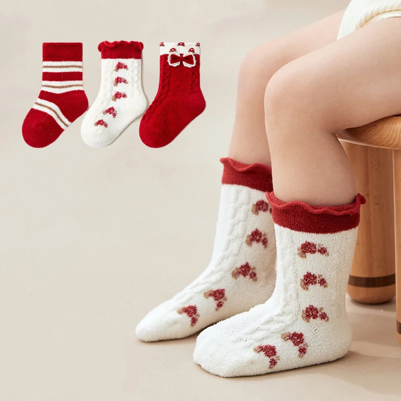 

3Pairs/Lot Winter Baby Socks 0-3 Yrs Bow Infant Girl New Year Socks Stripe Thicken Warm Newborn Toddler Red Socks For Girls 0-3Y