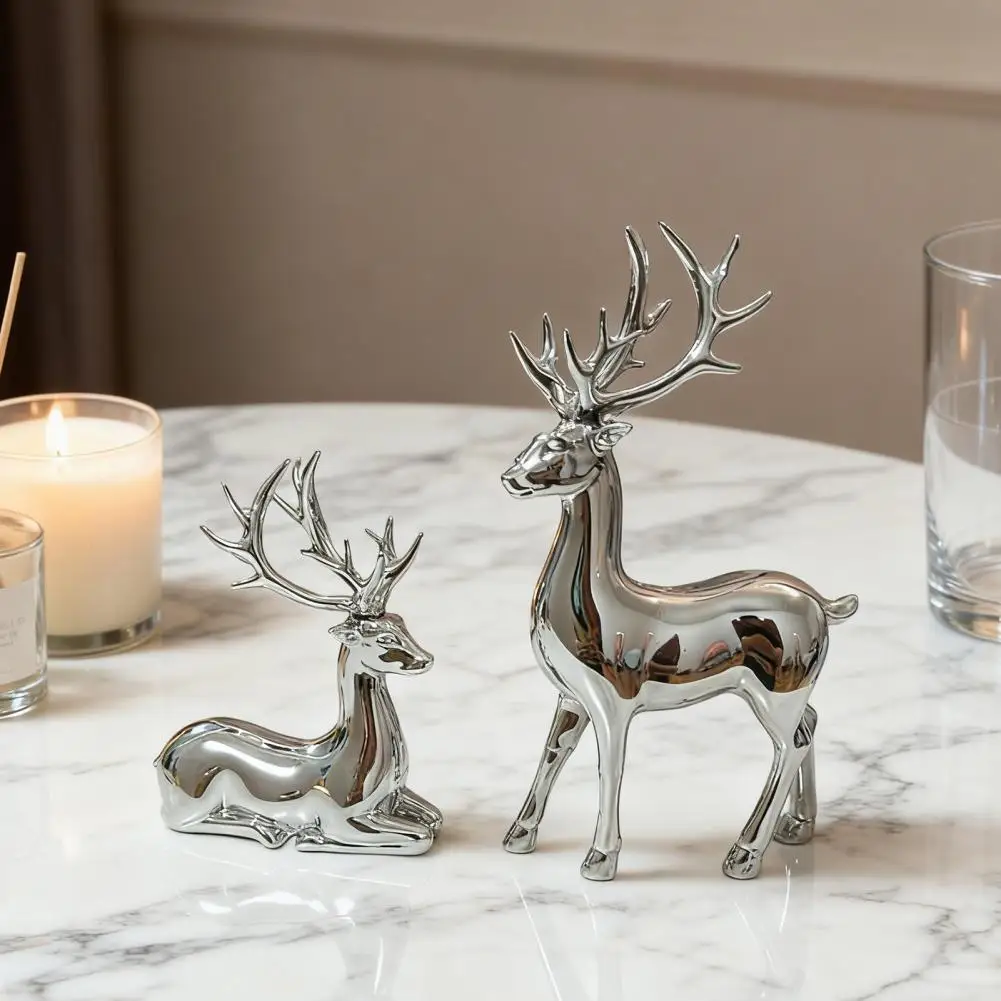 1 Pair Christmas Electroplating Golden Reindeer Statue Standing Sitting Elk Figurine Deer Sculpture Home Decoration Ornament