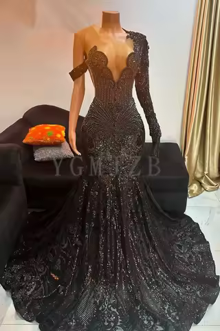 Sparkle Sequin Long Prom Dress Luxury Mermaid Rhinestones Long Sleeves Black Girls Evening Occasion Dress Brithday Party Gowns
