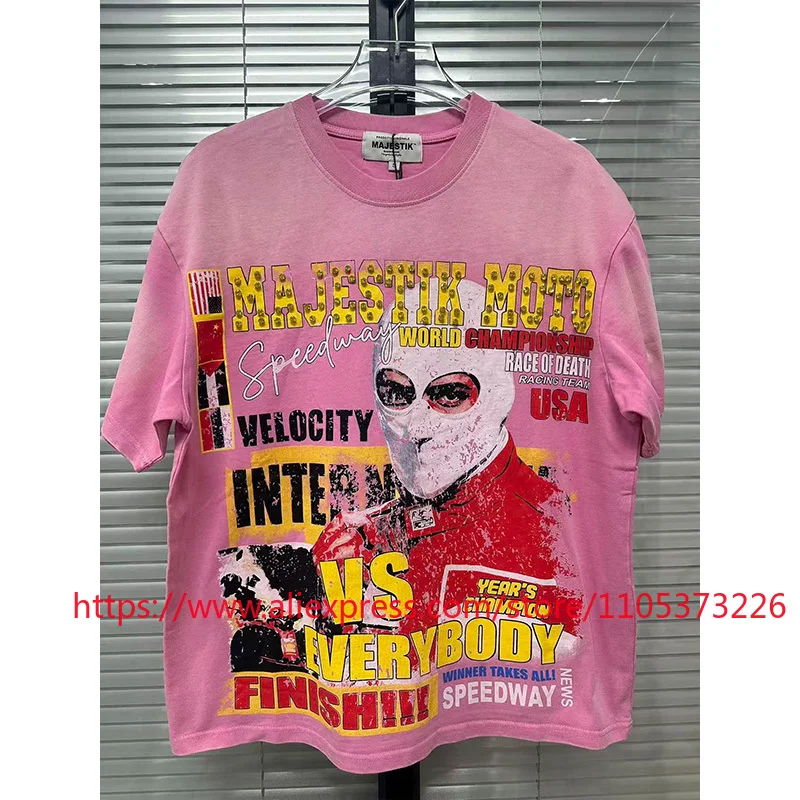 MAJESTIK Pink Racing Theme Vintage Short Sleeve T Shirt American High Street Masked Driver Printed Top MAJESTIK