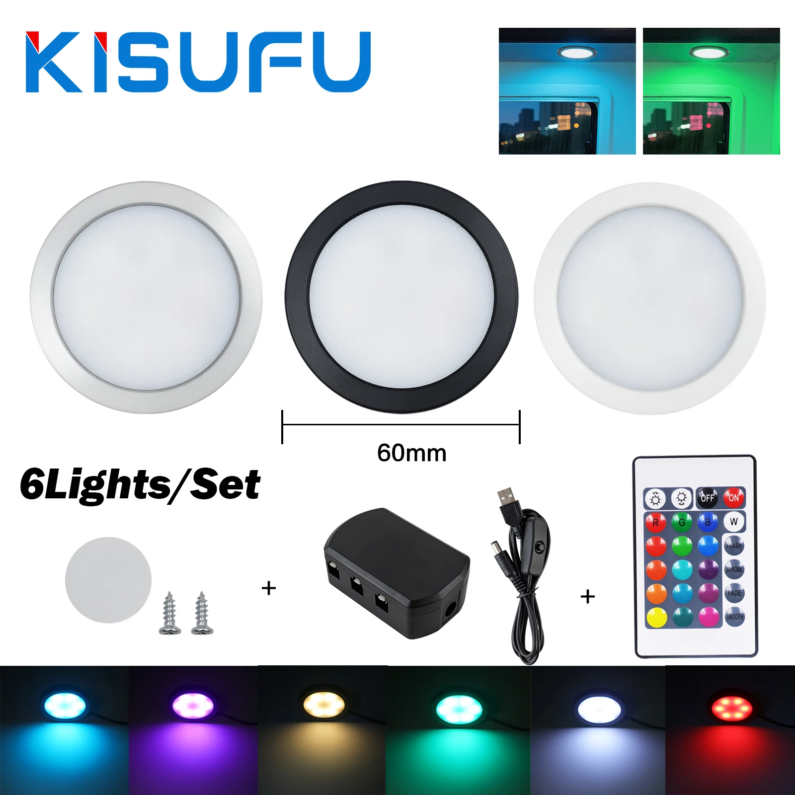Dimmable RGB Under Cabinet Light with 24Key Remote DC5V 3W USB Powered Ceiling Lighting for Kitchen Wardrobe Bar 1/2/4/6 Lights