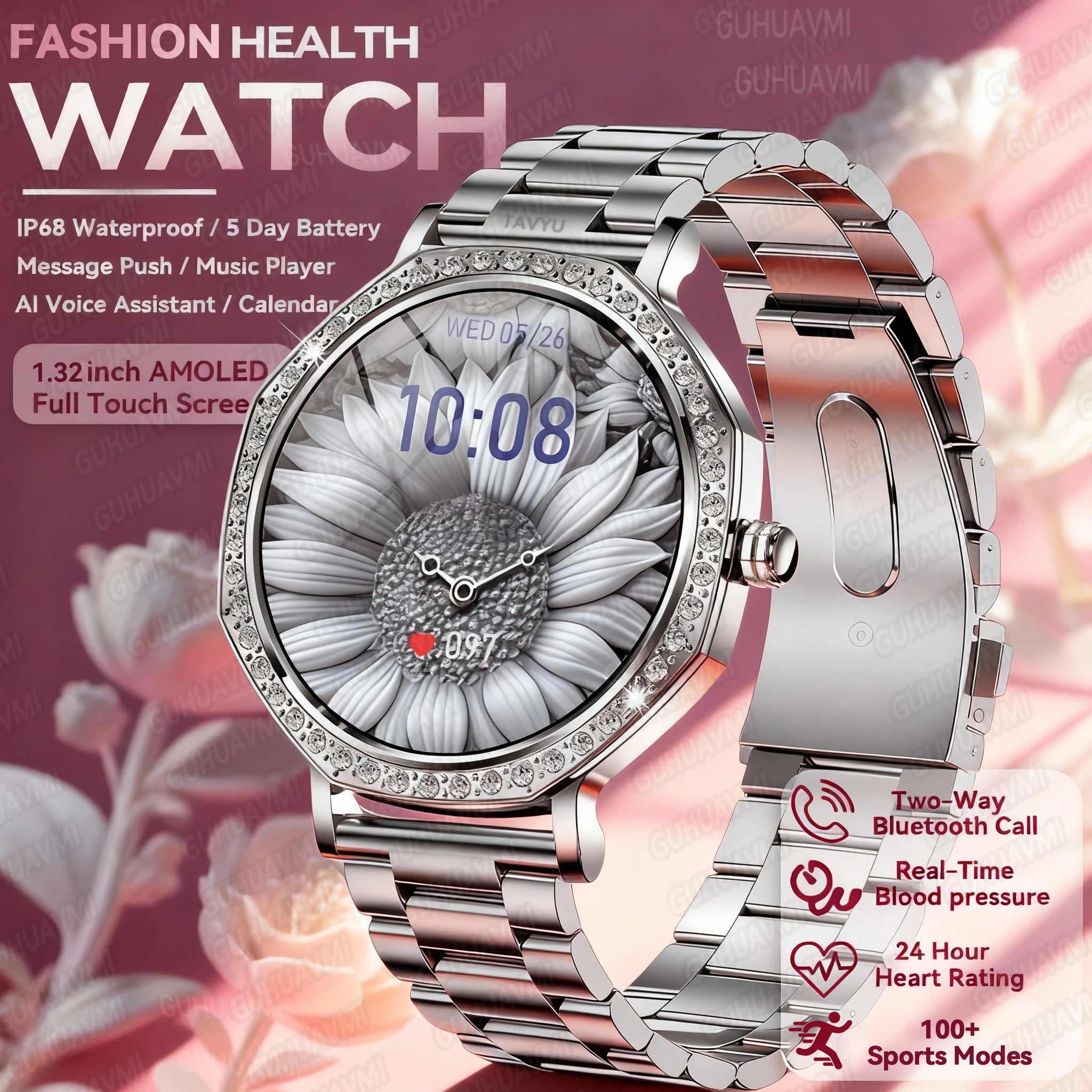 

New High-end Fashion Diamond Smart Watch Women AI Custom Dial Bluetooth Call Heart Rate IP68 Waterproof Rose Gold Ladies Watch