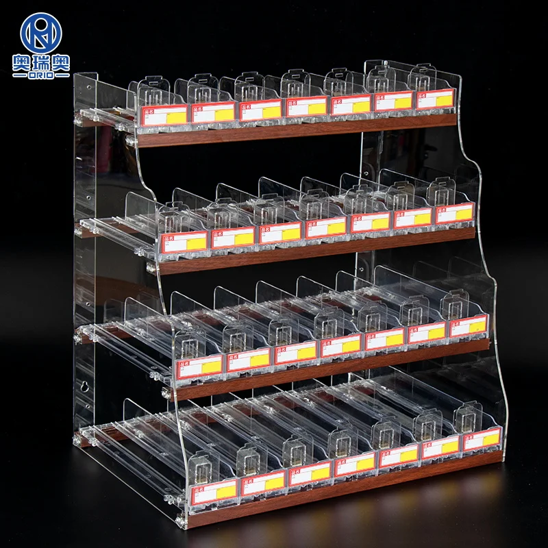 Trapezoidal Cigarette Display Cabinet Rack, Woodgrain Aluminium Tobacco Stores Shelving Supermarket Cigarette Display Shelf Rack