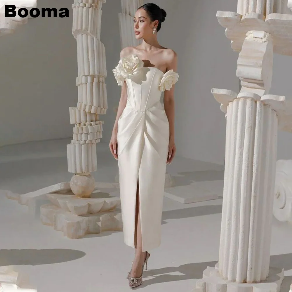 Booma Elegant Strapless Mermaid Evening Dresses 3D Flowers Pleat Wedding Party Dresses for Women Ankle Length Bride Prom Gowns