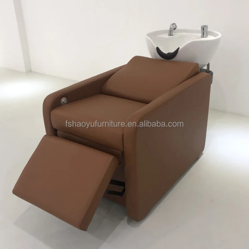 custom.Modern Style Hair Salon Brown Leather Shampoo Chair with White Washing Sink & Adjustable Footrest Styling Salon