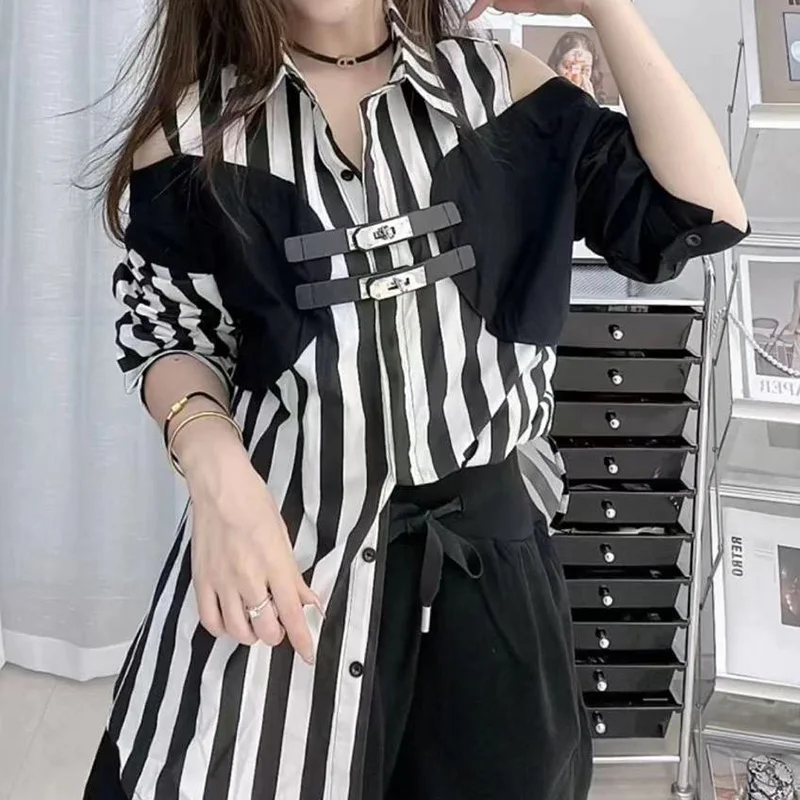 Stylish Lapel Button Spliced Off Shoulder Striped Shirt Female Clothing 2023 Autumn New Loose Casual Tops Fake Two Pieces Blouse