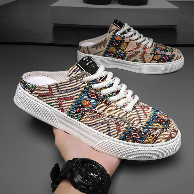 Summer Canvas Mules Men Backless Casual Shoes Open-back Loafers Slippers Flat Sneakers Platform Outdoor Half Shoes Slides Sandal