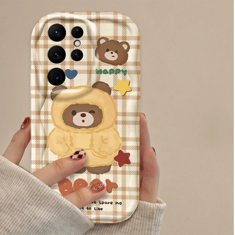 Adorável urso de café silicone impressão à prova de choque caso telefone para samsung galaxy s25 s24 ultra s23 s22 s21 s20 plus fe a56 a36 a26