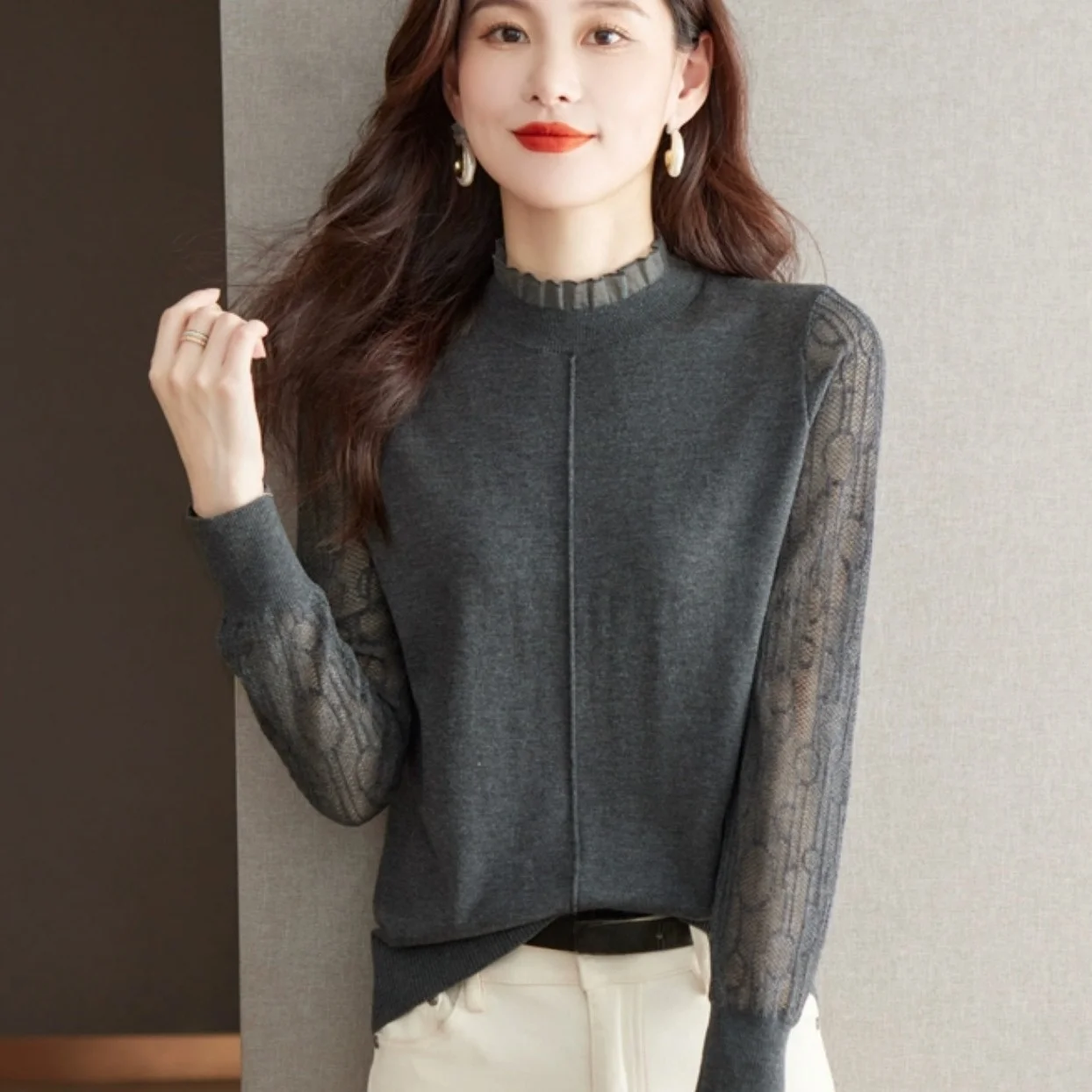 アウトレット 秋冬 ニット レース ベース irt f ハイカラー トップ レイヤード服 韓国風 スリ ルーズフィット ロングスリーブ