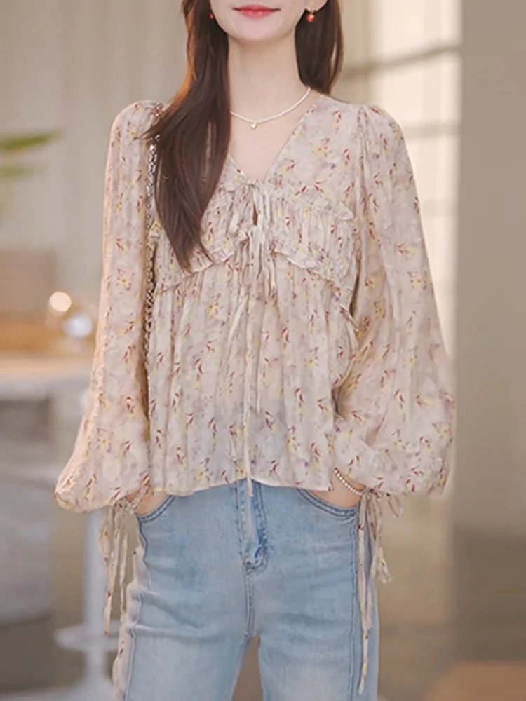 

Модная женская рубашка с длинным рукавом и принтом, молодежная, повседневная, свободного кроя, дышащая, с V-образным вырезом, на пуговицах