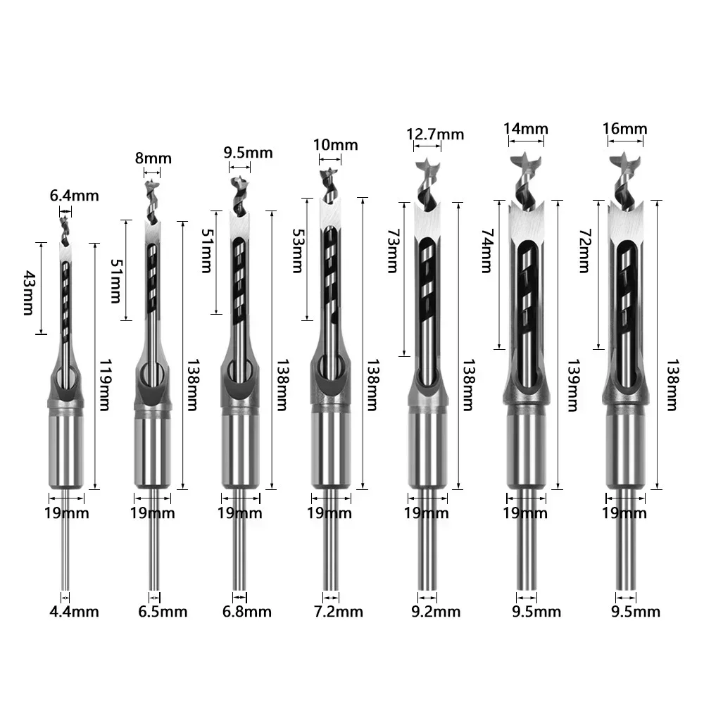 4/7pcs HSS Twist Square Hole Drill Bit Auger Mortising Chisel Extended Saw for Woodworking Tool Woodworking Drill Bit 6.4mm-16mm