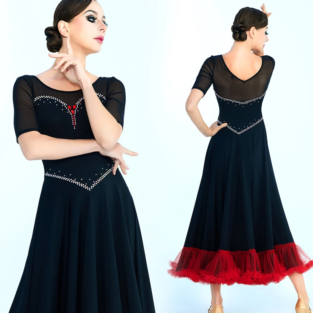 โมเดิร์นการแข่งขันเต้นรําอย่างเป็นทางการโอกาส Rhinestone เครื่องแต่งกายผู้หญิง 2025 Waltz กีฬาเต้นรําชุดสีชมพูสีแดง