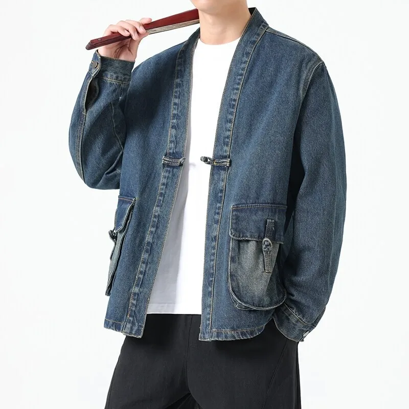 

Модная мужская джинсовая куртка 2025 года, хлопковое кимоно хаори, японский карманный кардиган, пальто, винтажная традиционная куртка в стиле хип-хоп, свободная верхняя одежда