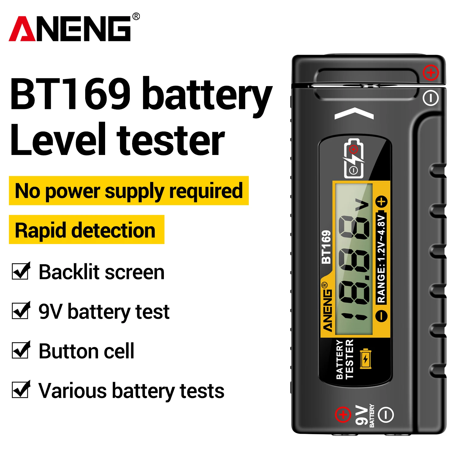 ANENG BT169 Digital Battery Tester No Power AA AAA 9V Button 18650 Lithium Cell Household Battery Voltage Check Measuring Tool