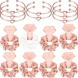 8pcs Satin Hair Ties Bridal Shower Hair Ties Bachelorette and 8pcs Bridesmaids Bracelets (Rose Gold, White)