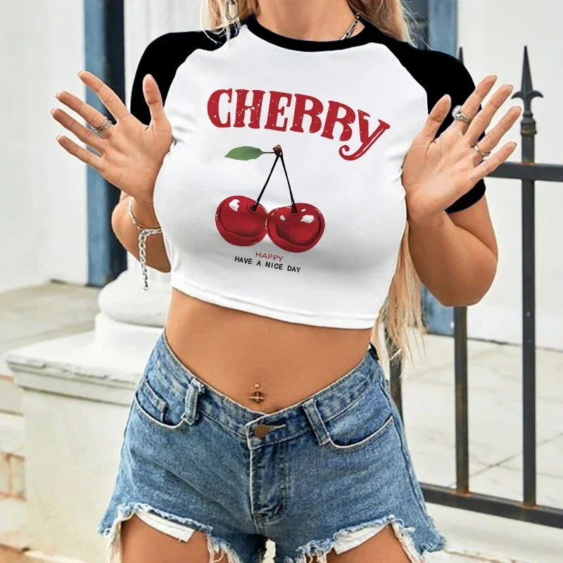 90er Jahre Cropped Bequemes T-Shirt mit Kirschdruck, Crop-Top, Kurzarm, Rundhalsausschnitt, T-Shirt für Damen, lässige Frühlings- und Sommerkleidung – Detail 4