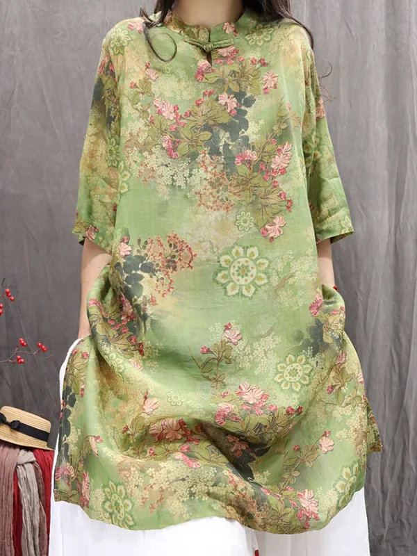 2025年レトロサマー ルーズフィット リネンシャツ プリント入り 軽量 通気性 ミディ丈トップス アシンメトリーヘムライン レディース ビジネスカジュアルシャツ