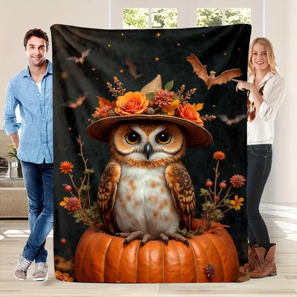 Autumn Halloween Owl Pumpkin Cat Cozy Throw Blanket Witchy Fall Aesthetic Decor Gift Blanket