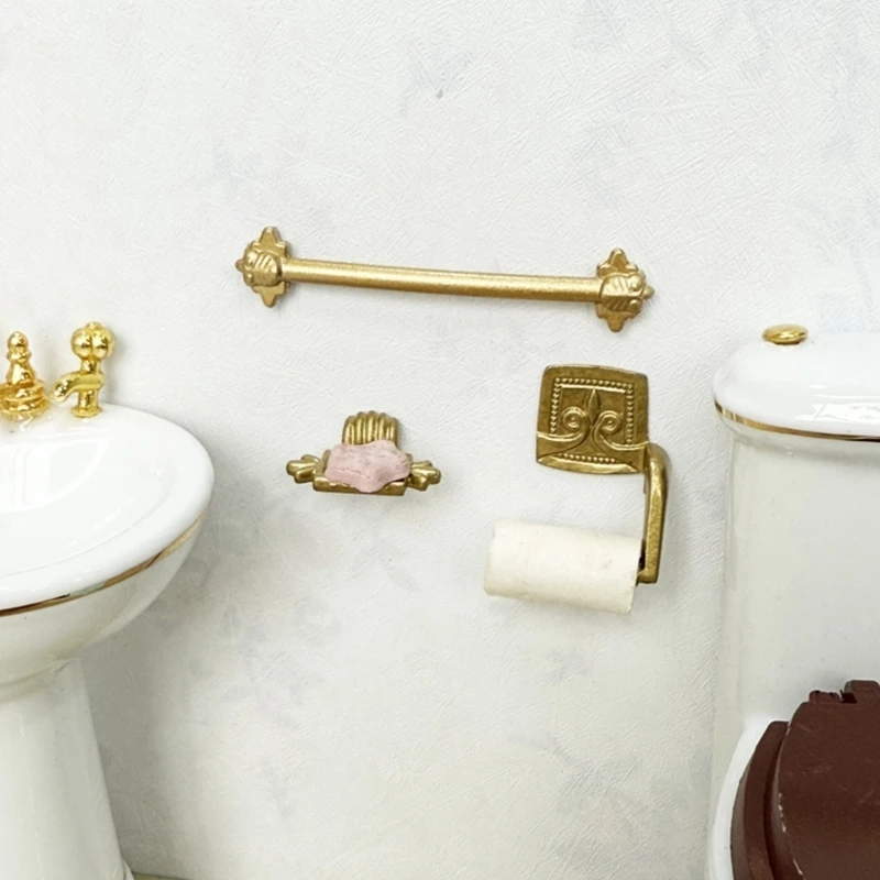 N80C Miniature Bathroom Setting Accessory Set with Towel Rack Tissue Holder Soap Tray