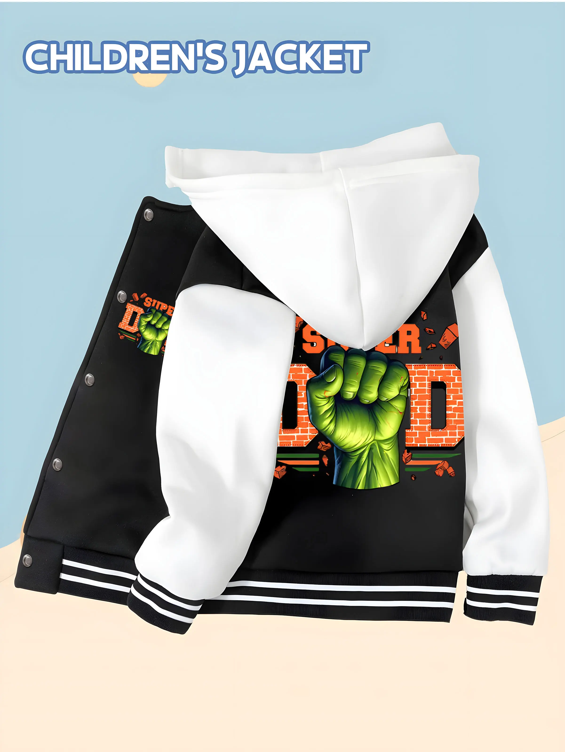 سترة بيسبول MINISO Marvel Hulk Super Dad Boys - طباعة قبضة Hulk "SUPER DAD"، على الوجهين لإظهار القوة والمتعة، عصرية د