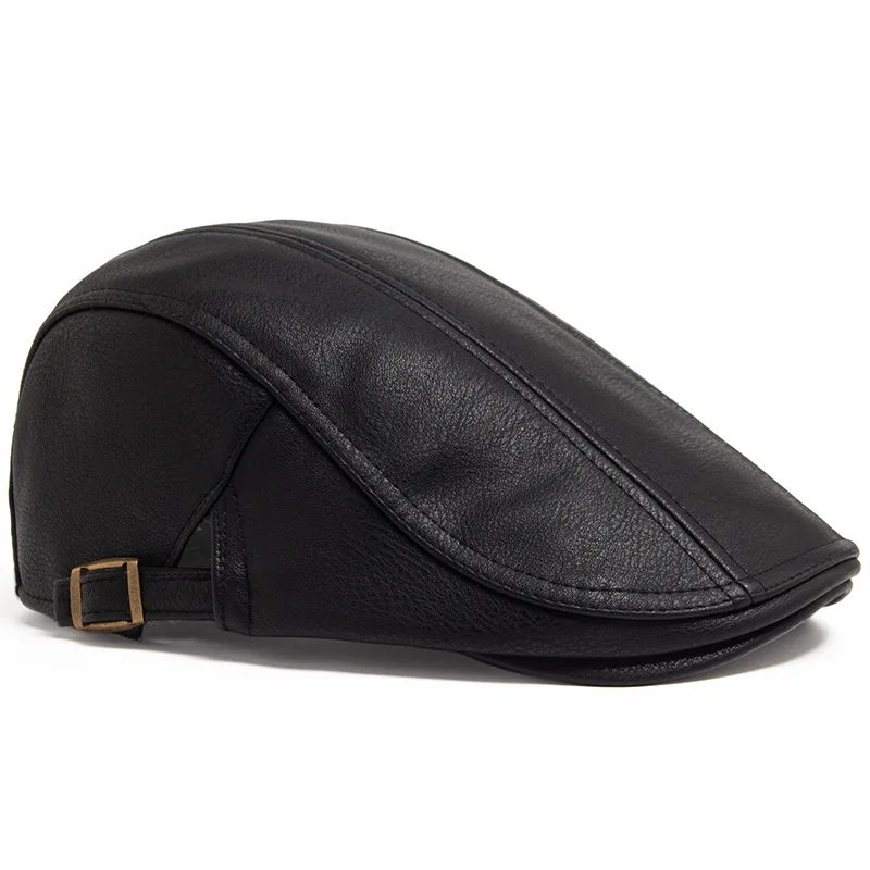 Beret Hat Fashion PU Leather Men Retro British Style Forward Hat Autumn and Winter Thick Casual Cap