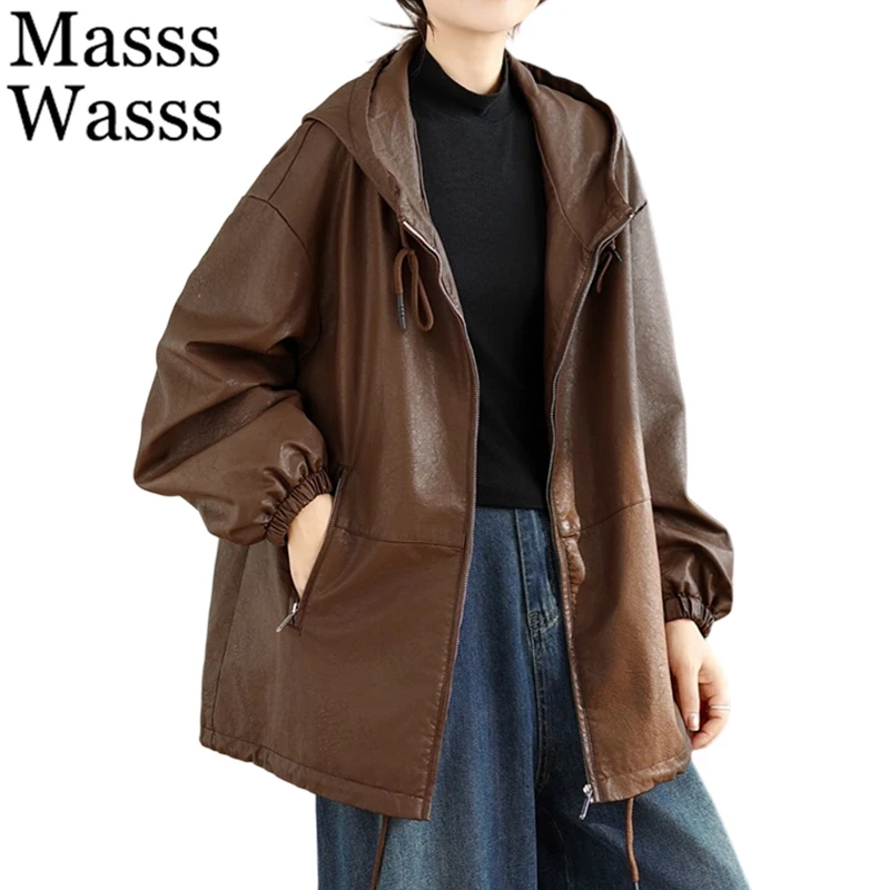 Masss Wasss 2026 Spring Korean Soild Outerwear Ladies Vintage Classic PU Coats Womens Leisure Fashion Loose Faux Leather Jackets