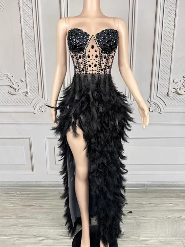 

High Quality Rhinestone Feather Splicing Sexy Chest Wrapped Dress 2025 New Fashion Custom Women'S Clothing