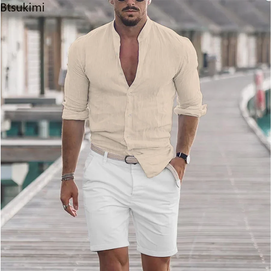 2025 Men's Casual Cardigan Cotton Linen Shirt Mock Neck Solid Long Sleeve Loose Top Spring Autumn Handsome Fashion Shirt Tees