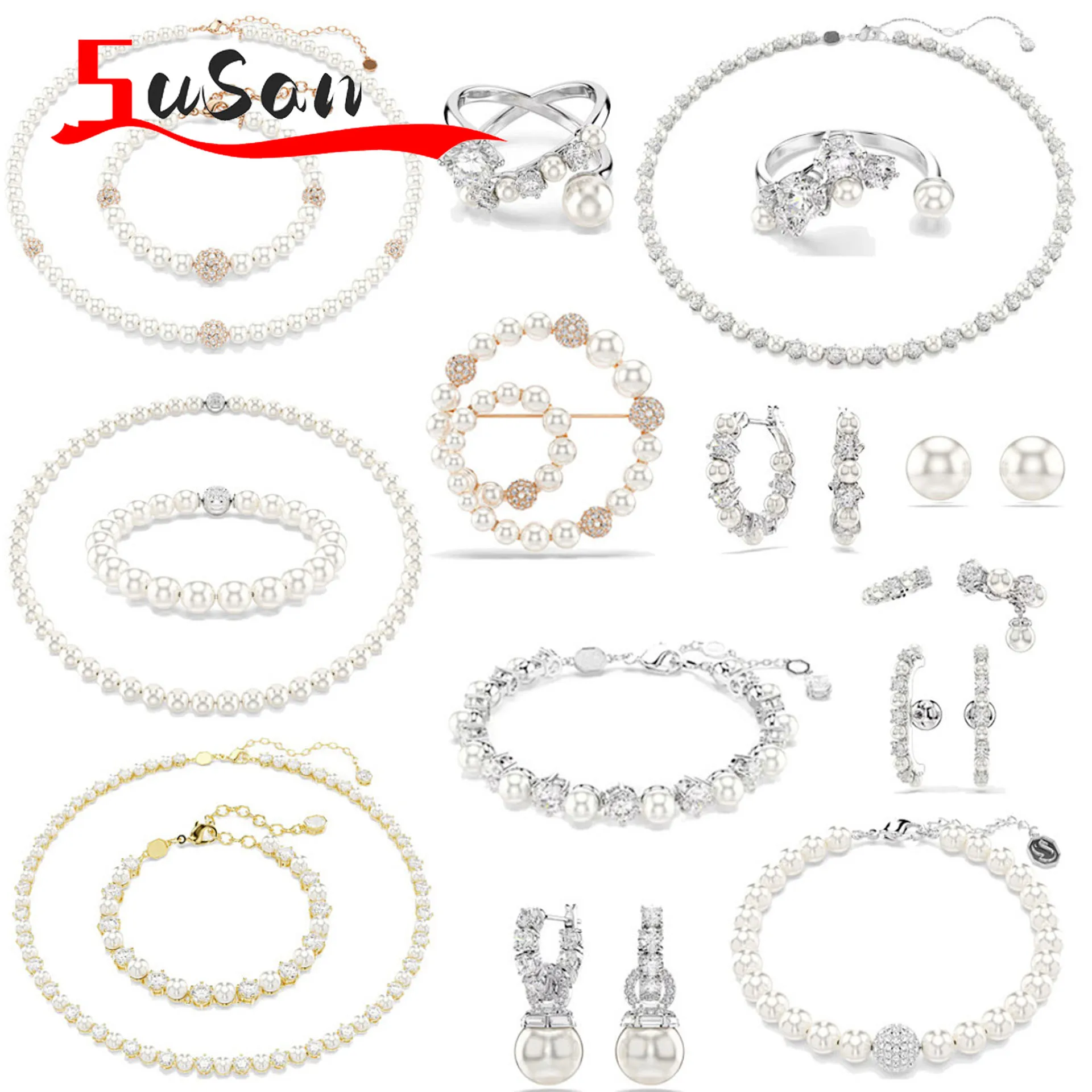 

Original Pearl Jewelry Necklace Earring Bracelet Ring Fashion Stainless Steel Chain for Women Jewelry Sets Party Accessories