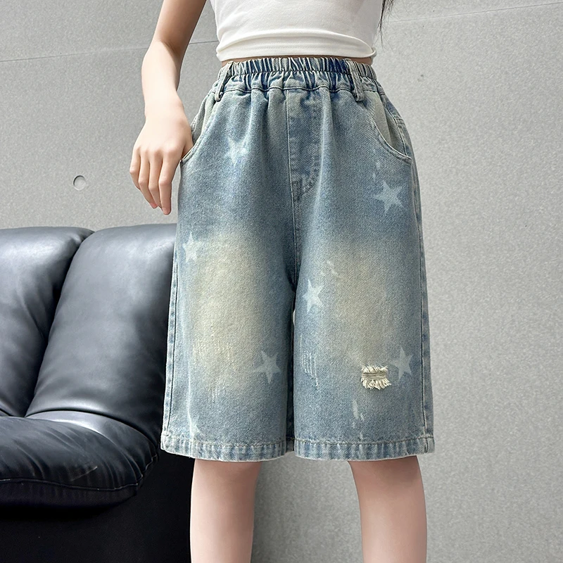 Kids Child Retro Gothic Y2K Knee Length Ripped Denim Shorts With Star Print for Teenage Girl Fashion Casual Mid-Calf Jeans Capri