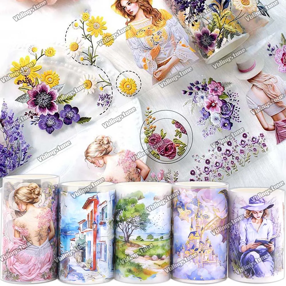 New PET Tape Girl Washi Tape Flower Transparent Masking Tape Stickers Scrapbooking Decorative Journaling Diary Collage Material