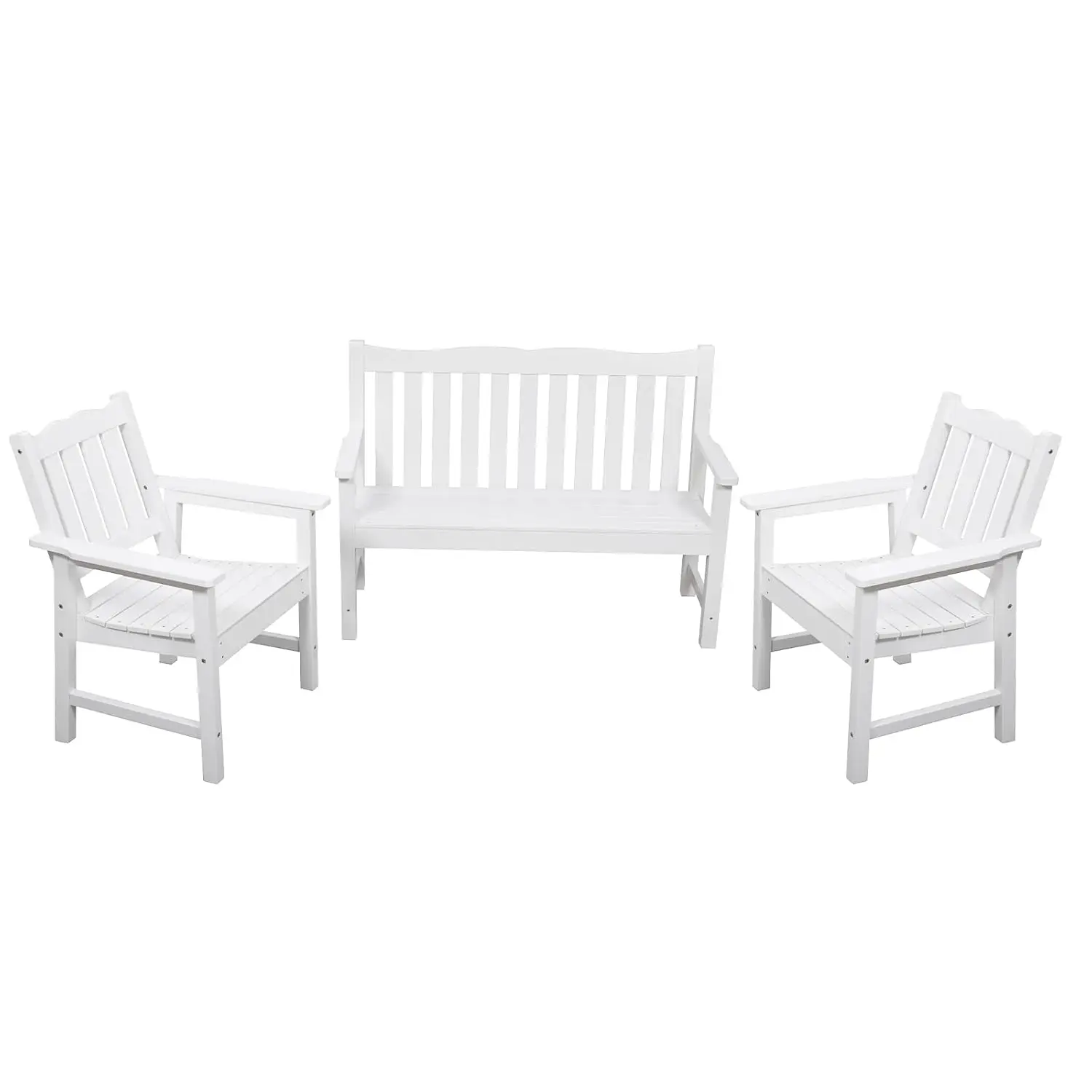

3 Pieces All-Weather Patio Furniture Set, Include 2 Outdoor Chairs and 1 Outdoor Bench, White, Customized
