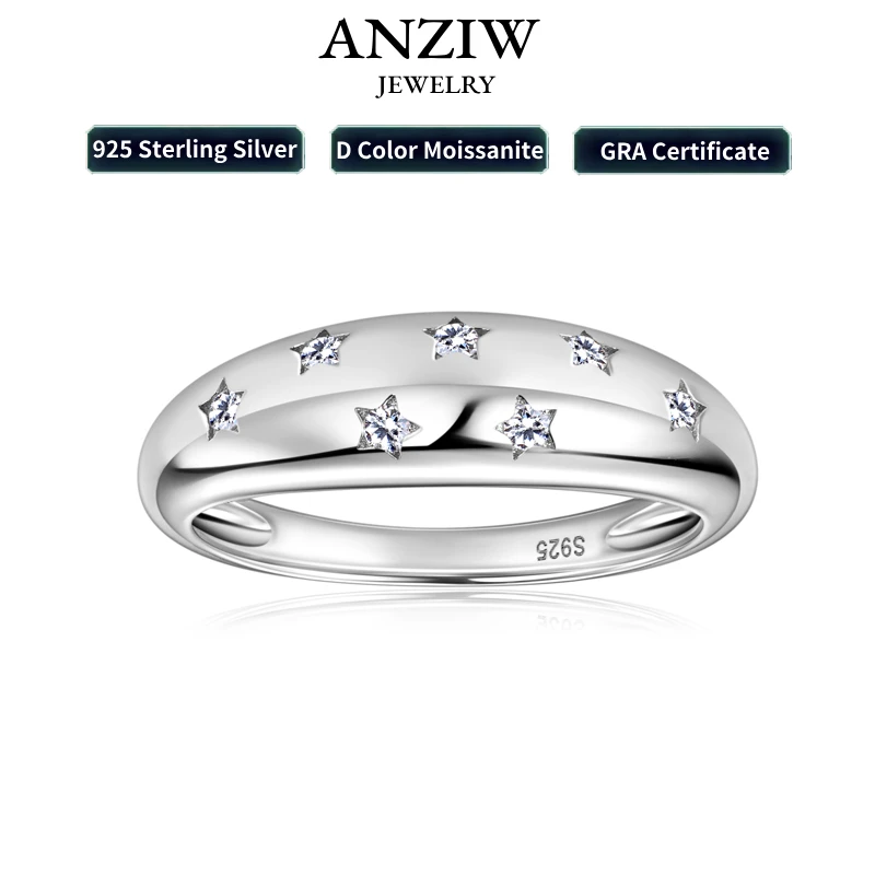 Anziw Women's Ring Bezel Setting Star Moissainte Rings 18K Gold Plated 925 Silver Band Fashion Party Daily Wear Jewelry New In